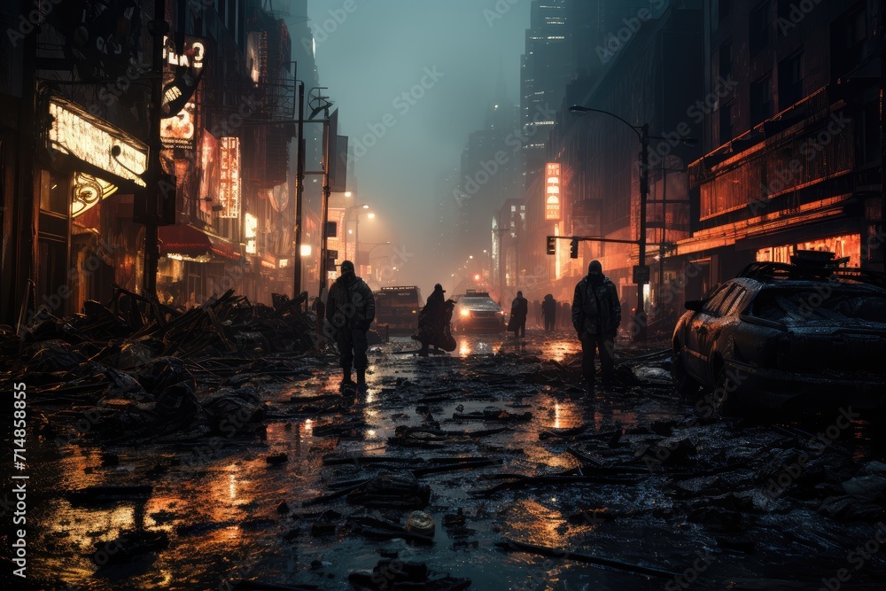 The bustling city street was illuminated by the glow of skyscrapers, as people braved the rain and pollution to traverse the outdoor concrete jungle below