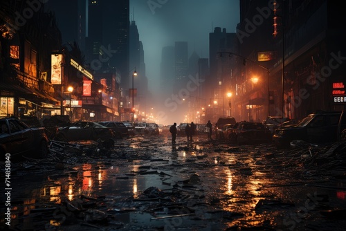 Amidst the shimmering city lights, rain cascades down the slick streets, reflecting the towering buildings and skyscrapers in a mesmerizing display of urban beauty
