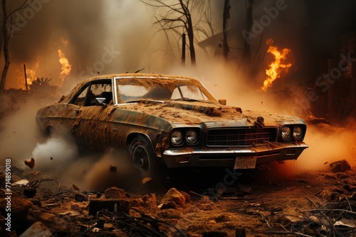 A fierce motorsport car kicks up a cloud of dust and smoke as it tears through the rugged terrain, its tires spinning with fire and determination