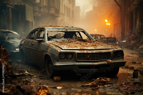 A neglected car sits abandoned, its windows and front covered in dirt and grime, a stark contrast to the open outdoor landscape surrounding it