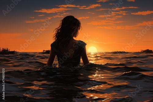 A lone figure basks in the ethereal glow of the setting sun, her silhouette against the vibrant sky mirrored in the calm waters, a serene moment captured at the beach © Larisa AI