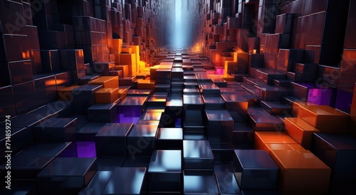 A maze of geometric blocks leads down a seemingly endless hallway, evoking feelings of confusion and intrigue as the viewer is drawn deeper into its mesmerizing design