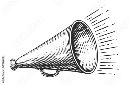 Retro megaphone, sketch. Screaming bullhorn advertising, vintage announcement, propaganda. Vector illustration photo