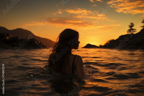 As the sun dips below the mountains, a woman stands serenely in the rippling waters of the lake, her face reflecting the colorful sky above, basking in the tranquil beauty of nature's embrace