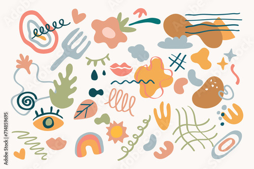 Modern hand drawn plant leaf and tropical shape decoration set. Pastel color doodle bundle for fashion design, summer season or natural concept.