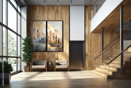 Wooden loft-style business center interior with elevator lobby and empty paintings. Generative AI photo