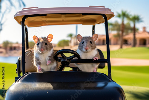 Two cute mice are riding on a miniature golf cart. photo