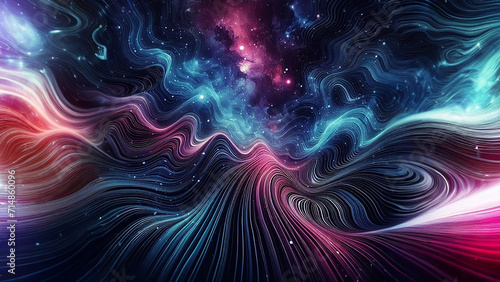a cosmic-themed wavy background, imagining the ripple effect of energy through space. Use deep purples, blues, and blacks to convey a sense of mystery and wonder.