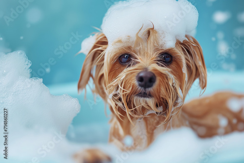 Funny portrait of a cute dog showering with shampoo, dog taking a bath in grooming salon