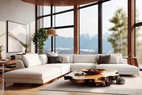 Interior home design of modern living room with white sofa and live edge accent coffee table with wooden furniture and houseplants with panoramic windows with mountain views