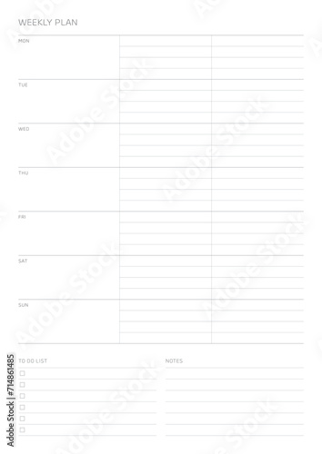 A weekly plan design template in a modern, simple, and minimalist style. Note, scheduler, diary, calendar, planner document template illustration.
