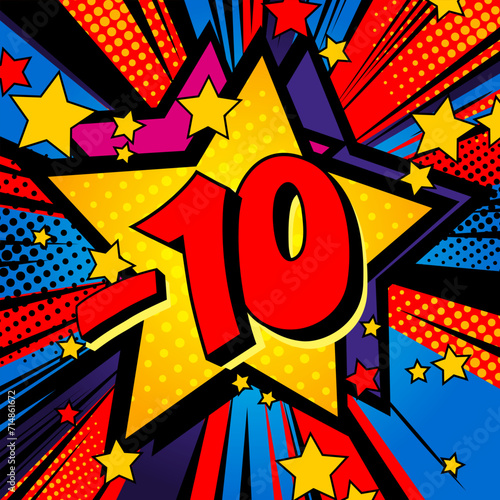 Sale. - 10%. Vivid comic background with rays and stars. Vector illustration