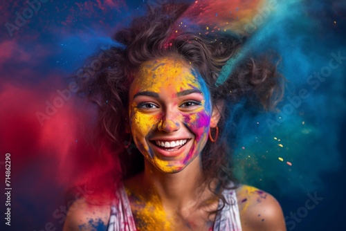 Beautiful young girl is shown in a brilliant burst of color during the Holi celebration