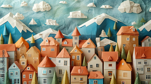 Origami paper town. Houses, mountains and clouds made of paper