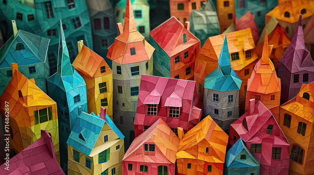 Origami paper town. Houses made of paper