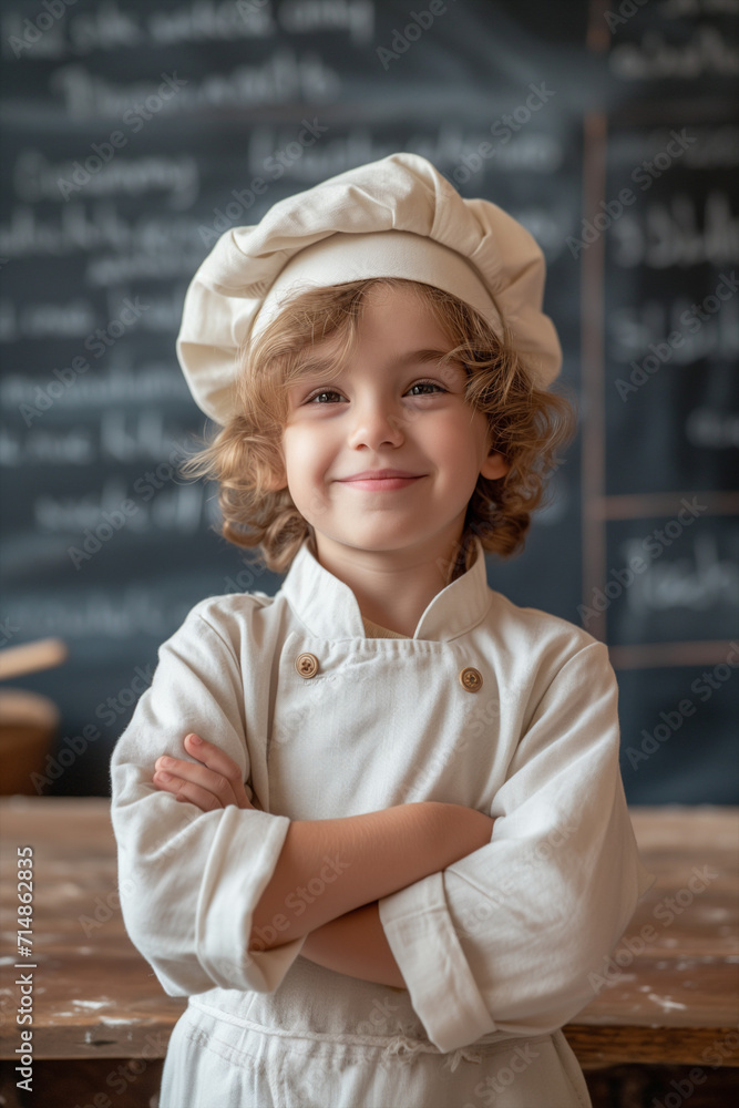 Smiling kid wearing pastry chef outfit. Little boy wearing a pastry