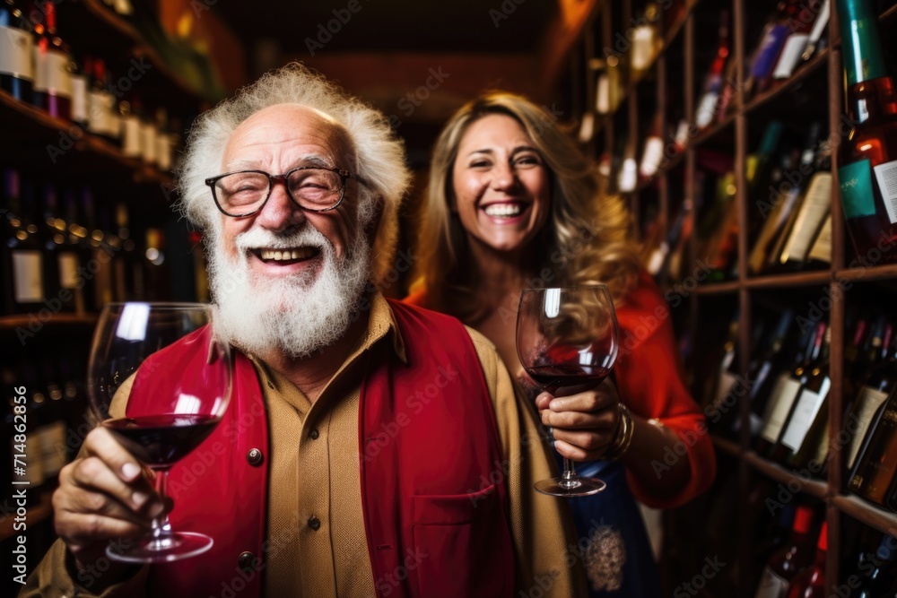 A cheerful elderly couple, a man and a woman, drink wine in their wine cellar