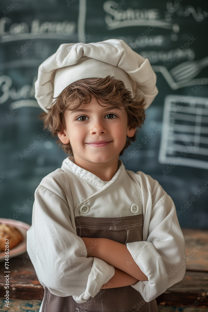 Smiling kid wearing pastry chef outfit. Little boy wearing a pastry