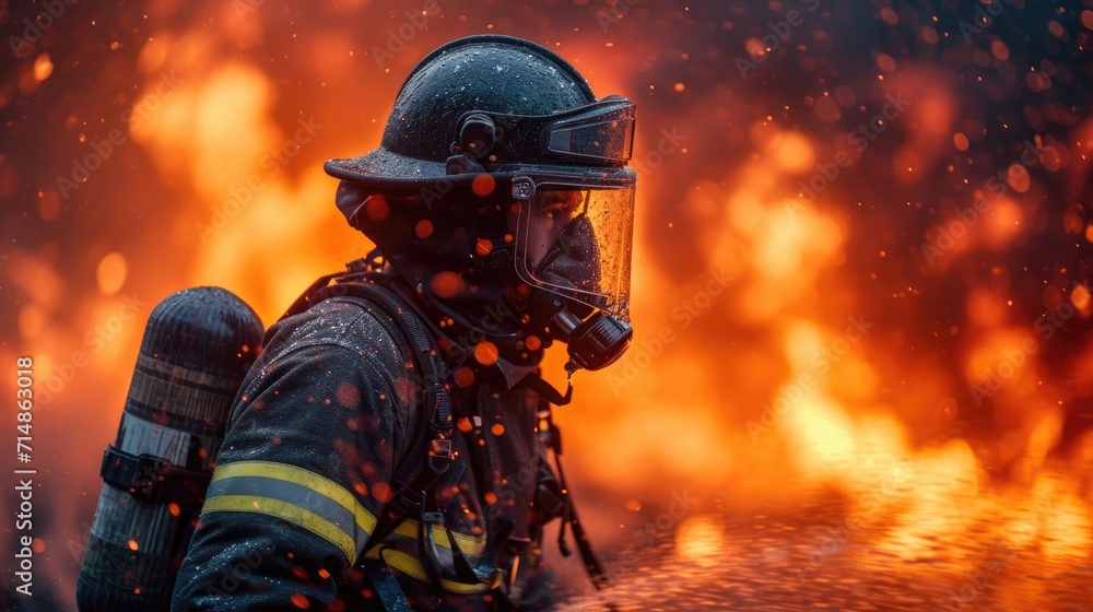 A Firefighter Tackling Blazing Flames in a Residential Area, Wearing Protective Gear and Using a High-Pressure Hose
A Firefighter Tackling Blazing Flames in a Residential Area, Wearing Protective Gear and Using a High-Pressure Hose