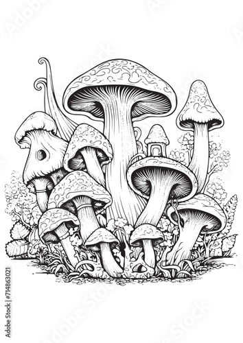 Mushrooms vector doodle illustration, coloring page for adults
