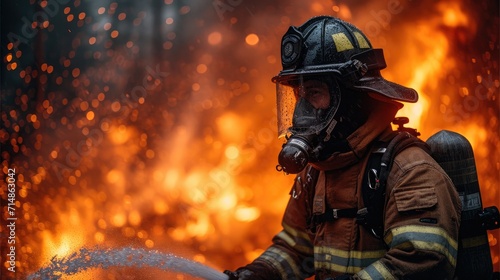  A Firefighter Tackling Blazing Flames in a Residential Area, Wearing Protective Gear and Using a High-Pressure Hose