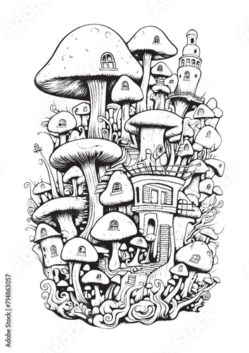 Mushrooms vector doodle illustration, coloring page for adults