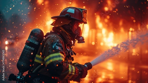  A Firefighter Tackling Blazing Flames in a Residential Area  Wearing Protective Gear and Using a High-Pressure Hose