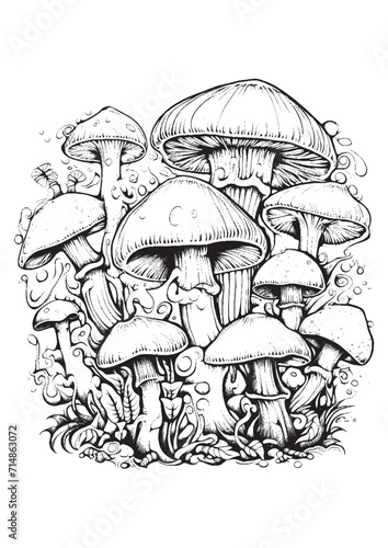 Mushrooms vector doodle illustration, coloring page for adults