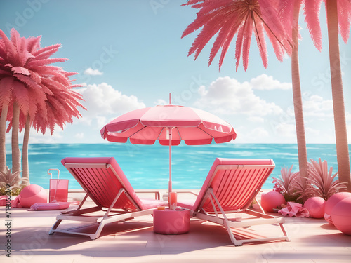 Swimming pool with beach umbrella and chairs. Pink summer vacation concept. 3d rendering  Bright colour  ultra-realistic design.