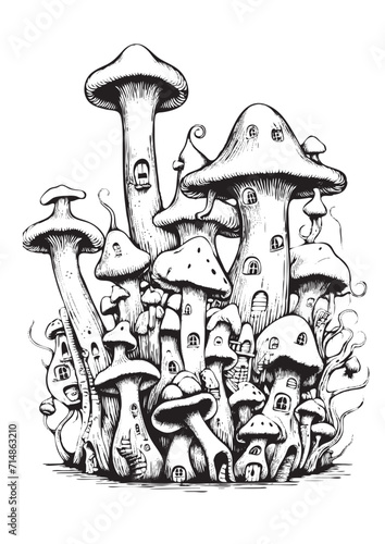 Mushrooms vector doodle illustration, coloring page for adults