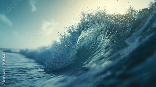 Fototapeta Naklejka Na Ścianę i Meble -  single wave cresting, showcasing the energy transfer in water, realistic droplets and foam, sunlight filtering through the wave