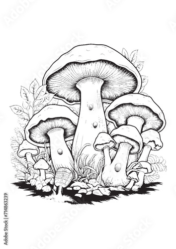 Mushrooms vector doodle illustration, coloring page for adults
