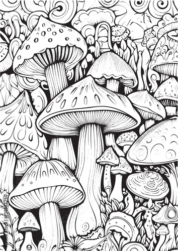 Mushrooms vector doodle illustration, coloring page for adults