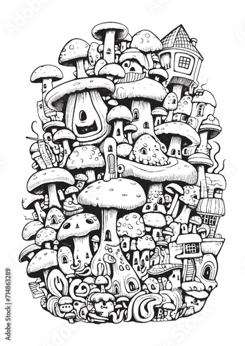Mushrooms vector doodle illustration, coloring page for adults