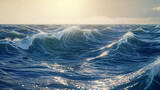 ocean waves at sunrise, light reflecting off the crests, energy visible in the movement of water, realistic texture and color of the sea