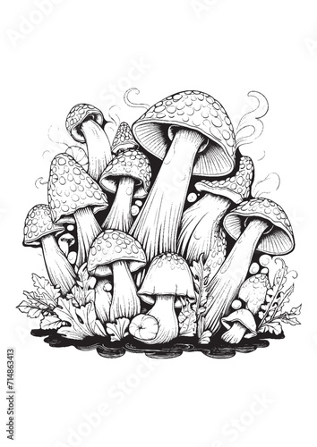 Mushrooms vector doodle illustration, coloring page for adults