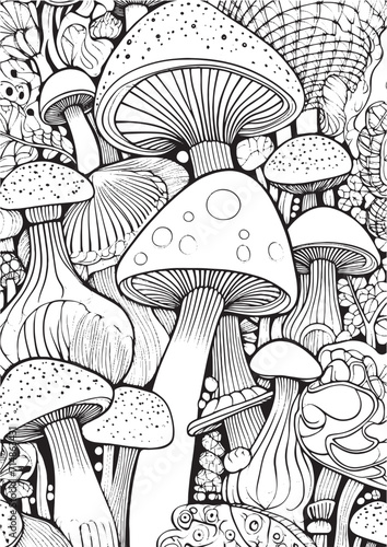 Mushrooms vector doodle illustration, coloring page for adults