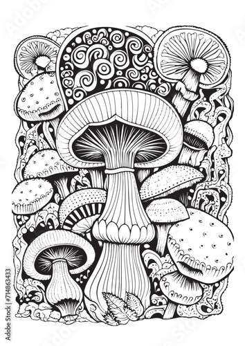 Mushrooms vector doodle illustration, coloring page for adults