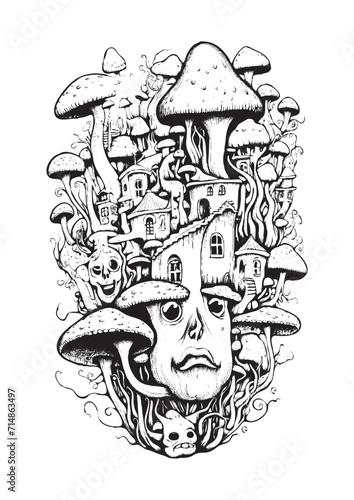 Mushrooms vector doodle illustration, coloring page for adults