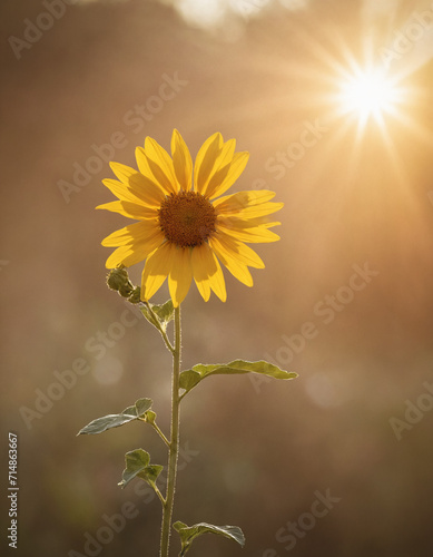 Sunflower basking in radiant sunlight with sun rays. 