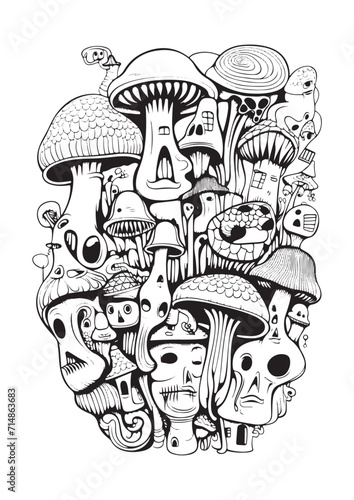 Mushrooms vector doodle illustration, coloring page for adults