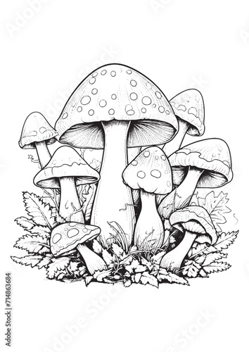 Mushrooms vector doodle illustration, coloring page for adults