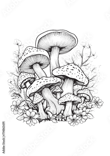 Mushrooms vector doodle illustration, coloring page for adults