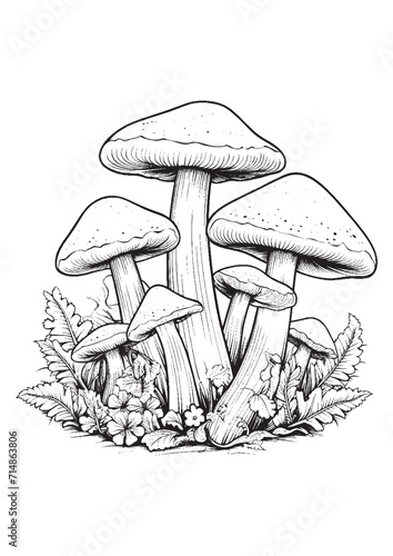 Mushrooms vector doodle illustration, coloring page for adults