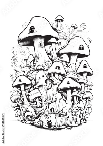 Mushrooms vector doodle illustration, coloring page for adults