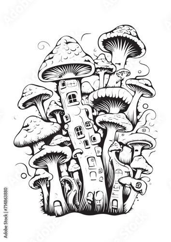 Mushrooms vector doodle illustration, coloring page for adults