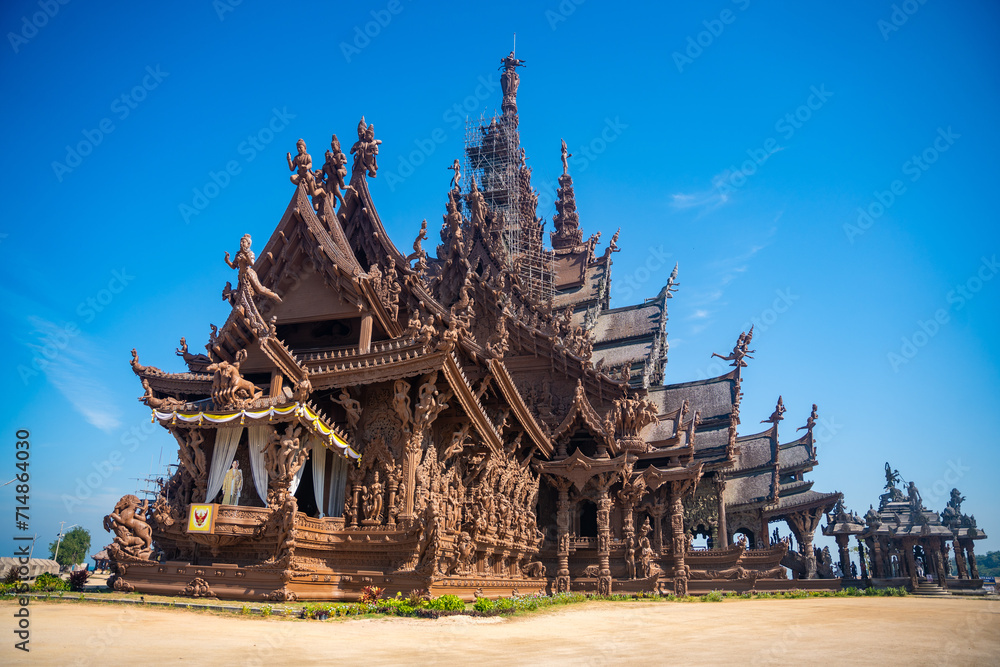 Sanctuary of Truth wooden temple in Pattaya Thailand is a gigantic wood construction located at the cape of Naklua Pattaya City. Sanctuary of Truth temple. Sanctuary of Truth wooden temple in Pattaya Thailand is a gigantic wood construction located at the cape of Naklua Pattaya City. Sanctuary of Truth temple.