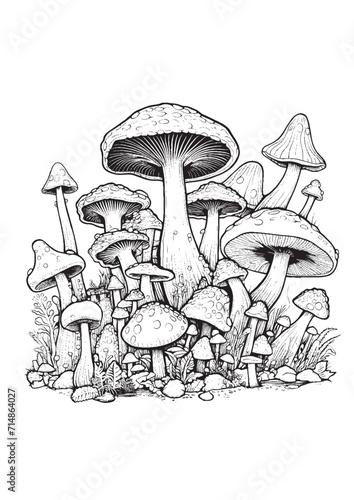 Mushrooms vector doodle illustration, coloring page for adults
