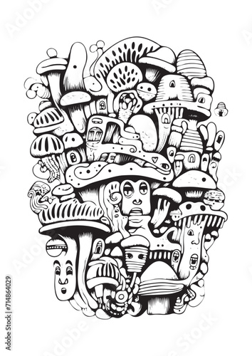 Mushrooms vector doodle illustration, coloring page for adults