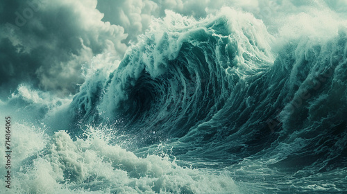 Tsunami wave approaching a coastline, photorealistic depiction of the massive energy and scale, detailed textures of water and foam, sense of motion and power